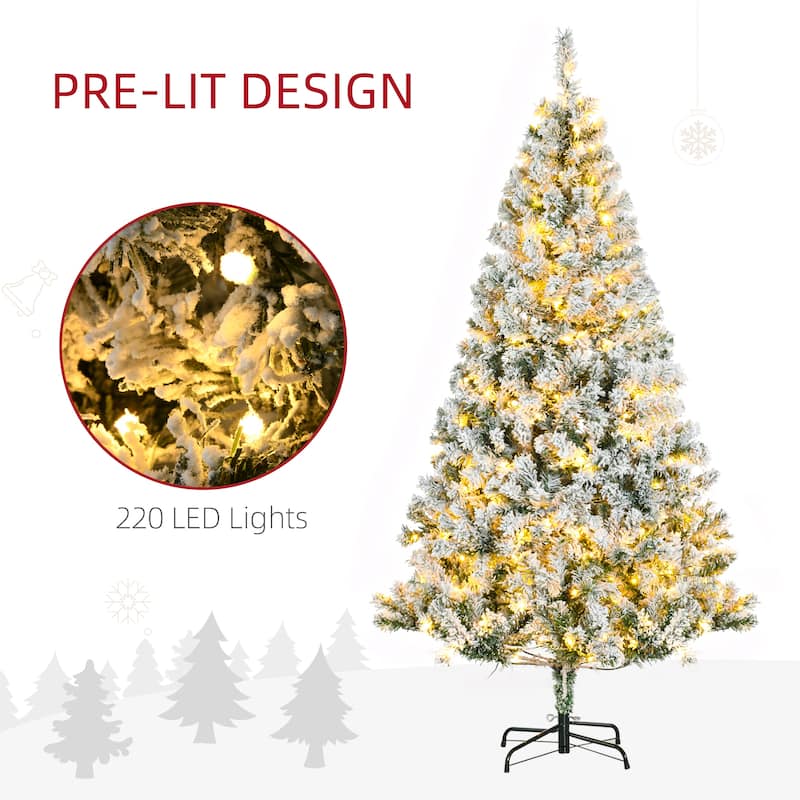 HOMCOM 6ft Tall Prelit Artificial Christmas Tree Holiday Décor with 638 Snow Flocked Branches, 220 Warm White LED Lights