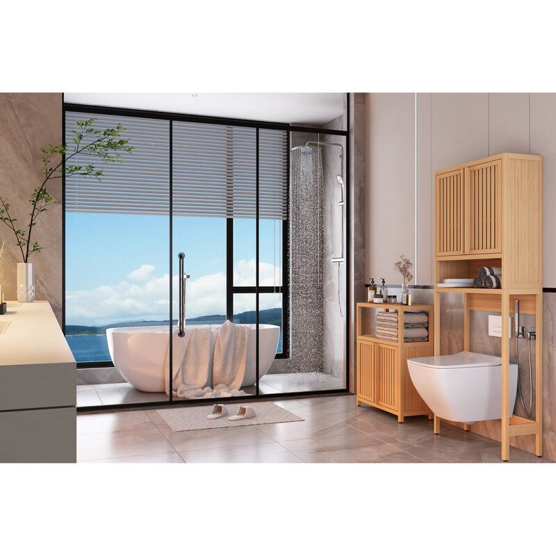 Bamboo Bathroom Storage Cabinet, Freestanding Storage Organizer, Bathroom Floor Cabinet with 2 Shutter Doors & Open Shelf