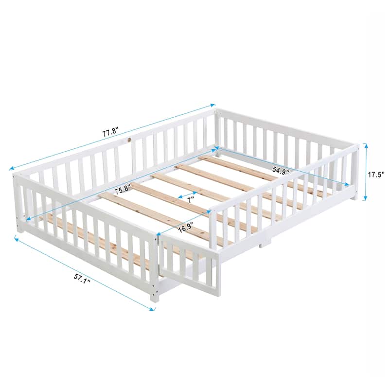Floor Bed with Door,Solid Wood Platform Bed Frame with Fence
