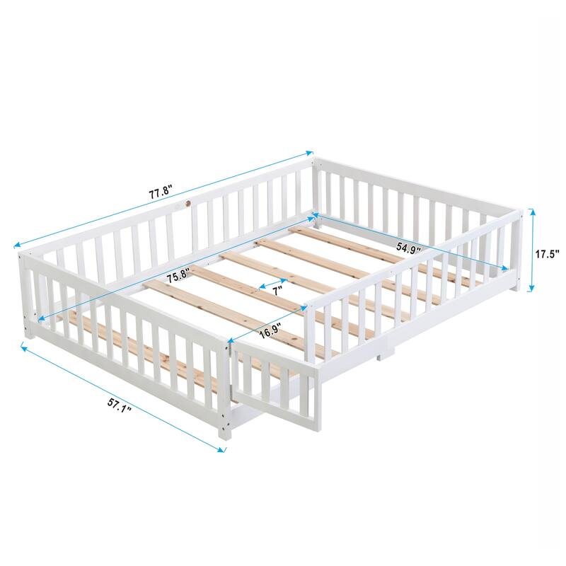 Full Size Floor Bed with Door, Solid Wood Platform Bed Frame with Fence, Suitable for Children, Pine Wood