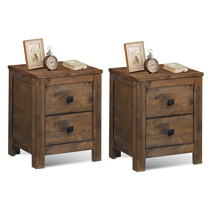 Costway 2PCS Nightstand Bed Side Table Wood With 2 Drawers Bedroom - Brown - 2-drawer