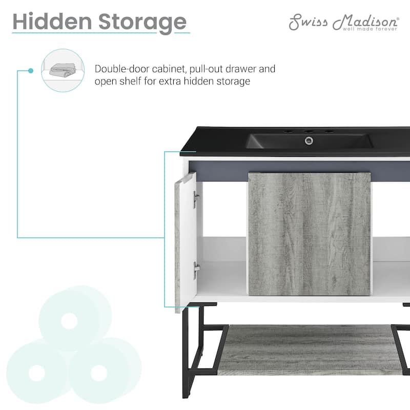 Marseille 36 In. Gray Bathroom Vanity With Black, 3-Hole Ceramic Sink Top