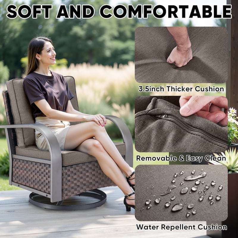 4Pieces Patio Swivel Chairs with Fire Pit Table - Grey cushion - Brown