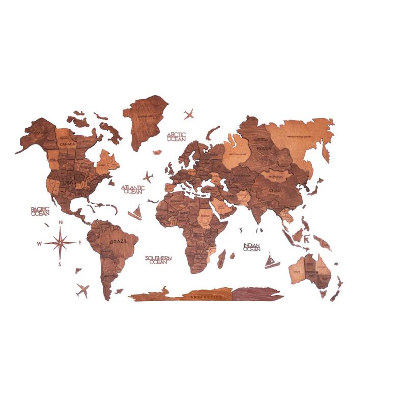HomeRoots 47" X 79" Brown and Tan Wood World Map Hanging Dimensional Sculpture