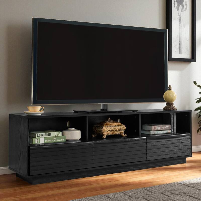 63" Mid-Century Modern TV Stand for TVs up to 75", Farmhouse Media Console with Louver Design, Drawers & Outlet Holes
