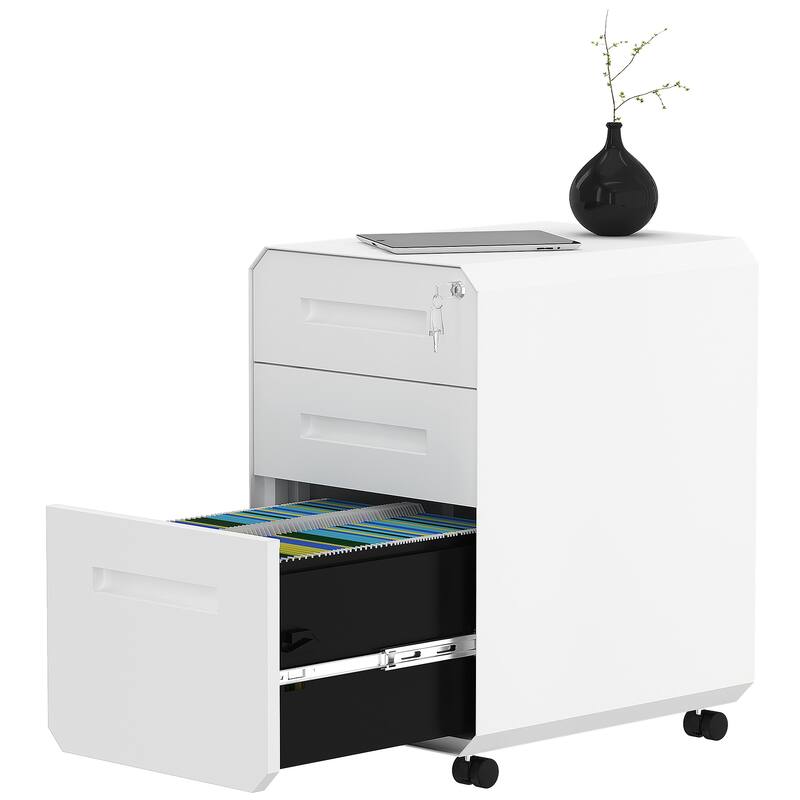 Modern Polygon 3-Drawer Wheeled Steel File Cabinet - White