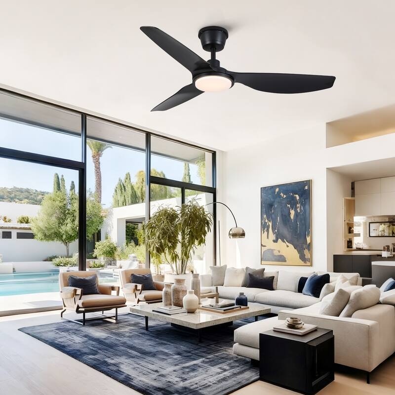 52 inch Modern Outdoor Waterproof Black Ceiling Fan with Light and Quiet DC Motor