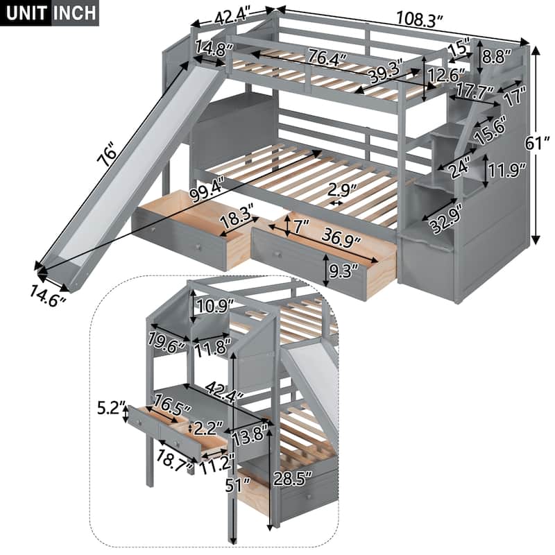 Wooden Bunk Bed w/Desk, Twin Over Twin Bed Frame w/Drawers Slide