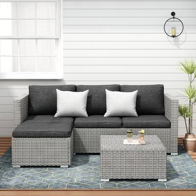 Patio Furniture Sectional Sofa Set 3 Piece All Weather Resin Wicker Outdoor Conversation Set Black Washable Cushions