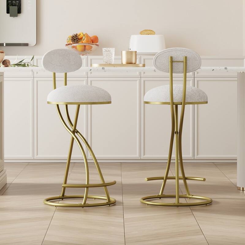Set of 2 Round Bar Stools with Floral Print Seats - Sturdy Metal Frame for Kitchen & Dining - Gold & White Print