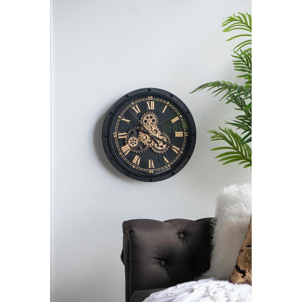 HomeRoots 20" Circle Black and Gold Metal and Glass Analog Wall Clock - 19.70 in. x 19.70 in. x 3.50 in.