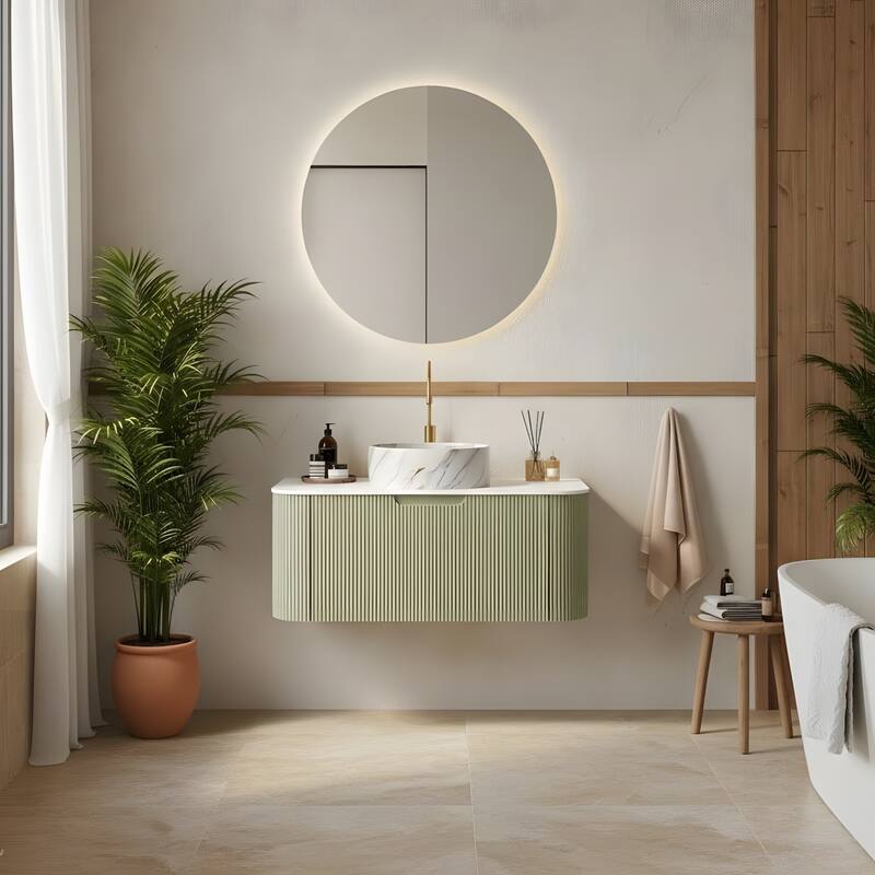 Floating Bathroom with Round Ceramic Basin and Storage Drawer