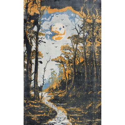 Hand Knotted Oriental Viscose Silk Carpet Modern Pictorial Multi-Colored Abstract Area Rug - 7' 10'' X 5' 8''