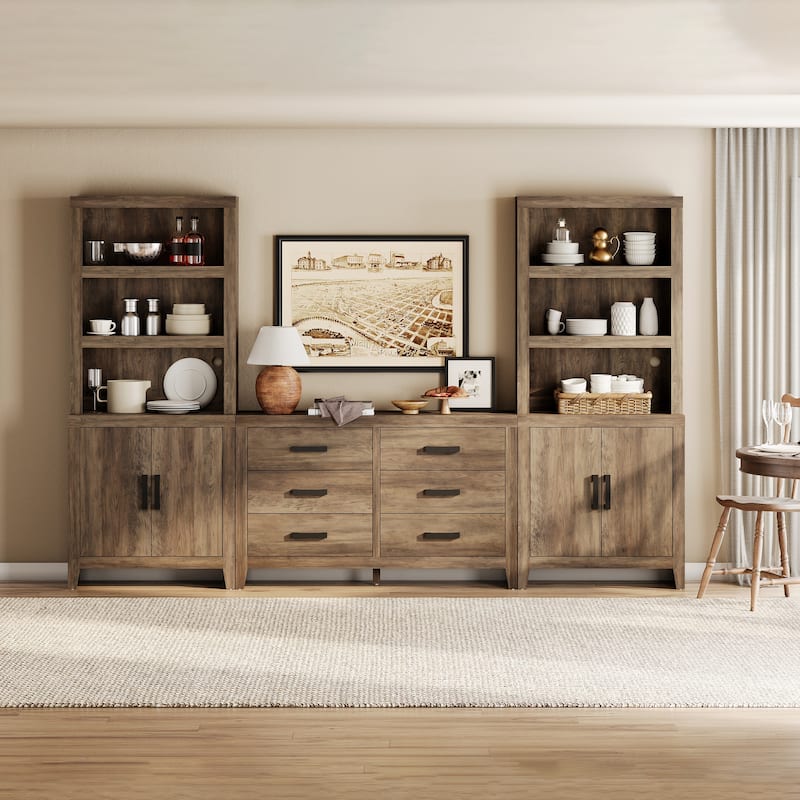 WAMPAT Farmhouse Entertainment Center with Bookshelves, Media Console with Glass Doors & 6 Storage Drawers