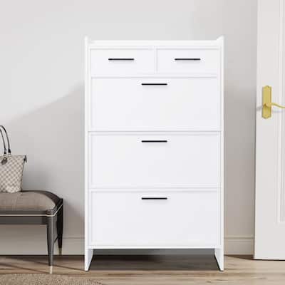 Modern Minimalist Wooden Shoe Storage Cabinet with Black Handles, White