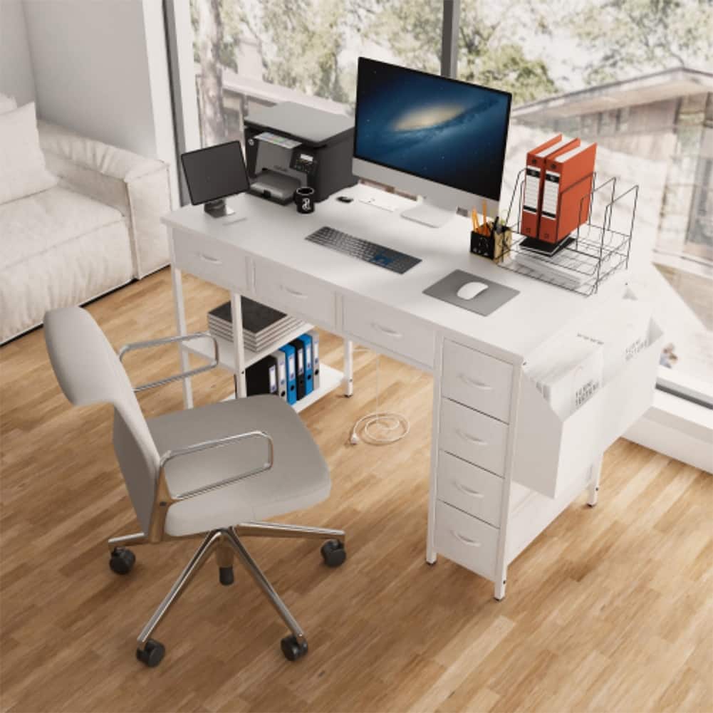 Computer Desk with Power Outlets 7 Fabric Drawers Large Side Pocket Reversible Storage Small Vanity Desk 47inch Office