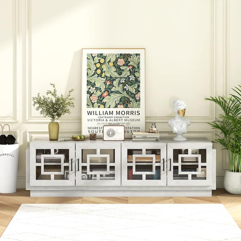 Gymax 4-Door Glass Entertainment Center Farmhouse TV Stand for TVs up