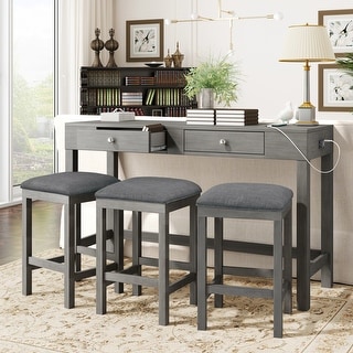 4-Piece Counter Height Table Set with Socket and Fabric Padded Stools ...