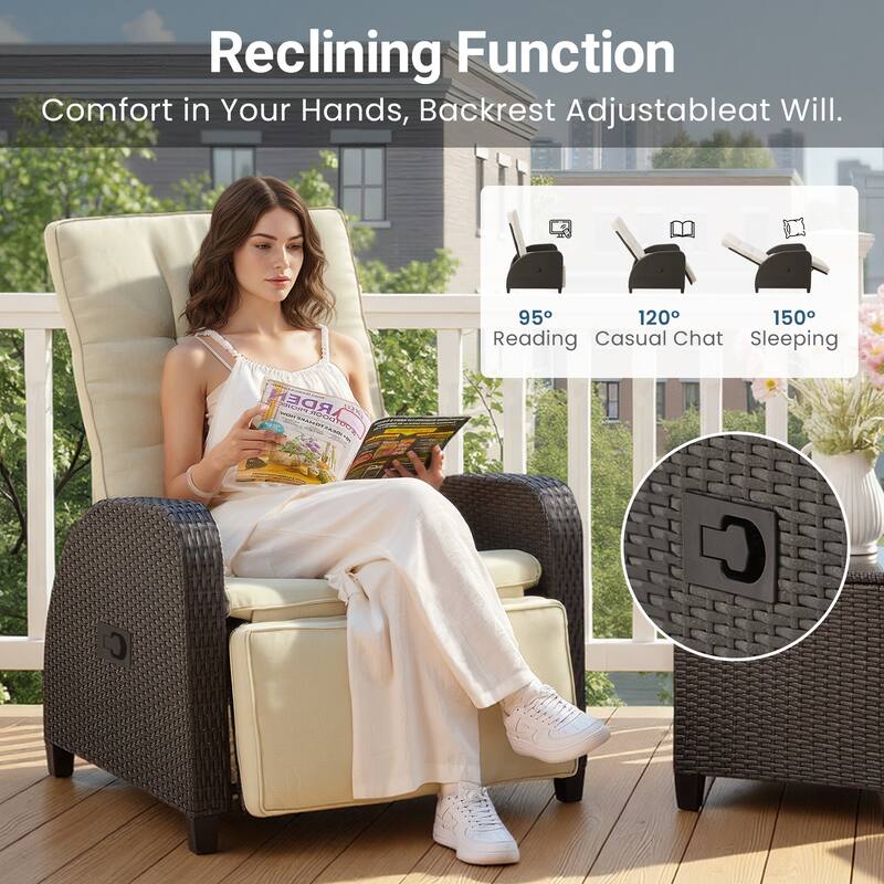 Adjustable Outdoor Recliner Lounge Chair with Storage Side Table and Weather-Resistant Cushions
