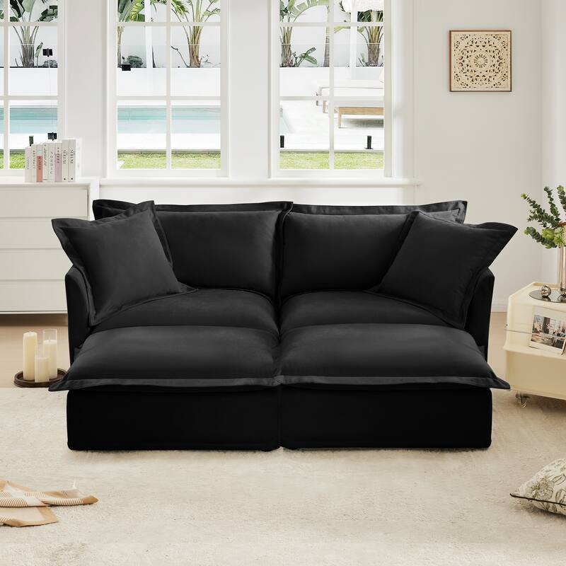 83.4" Chenille 2-Seater Sectional Sofa with Ottomans - Black