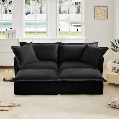 Slipcovered Sofa 2 Seater Sofa With 2 Ottomans, 2 Seater Sleeper Sofa Bed Home Theater Oversized Sofa