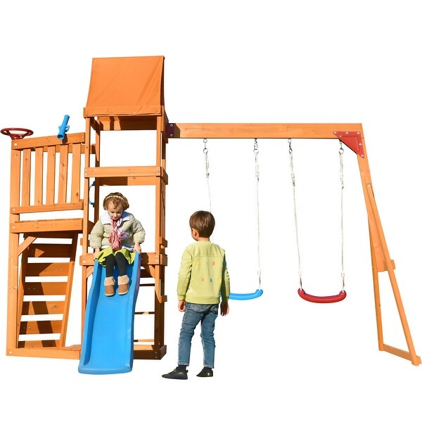 Wooden Swing Set with Slide, Climbing wall, Sandbox and Wood Roof