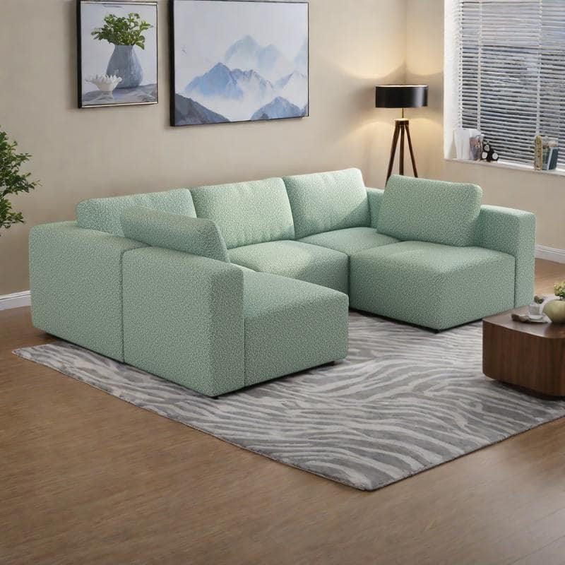 104.32" Yarn Fleece Modular Sectional Sofa Set with Chaise & Ottoman, U-Shaped 5-Seater Sleeper - Light Green