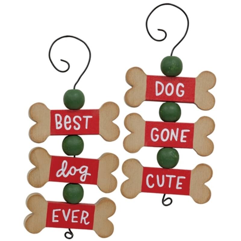 Wooden Dog Bone Christmas Ornaments with Red and Green Beads for Holiday Decor 2 Asstd. - 6" H x 2.5" W x .75" D