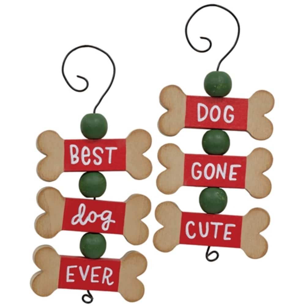 Wooden Dog Bone Christmas Ornaments with Red and Green Beads for Holiday Decor 2 Asstd. - 6" H x 2.5" W x .75" D