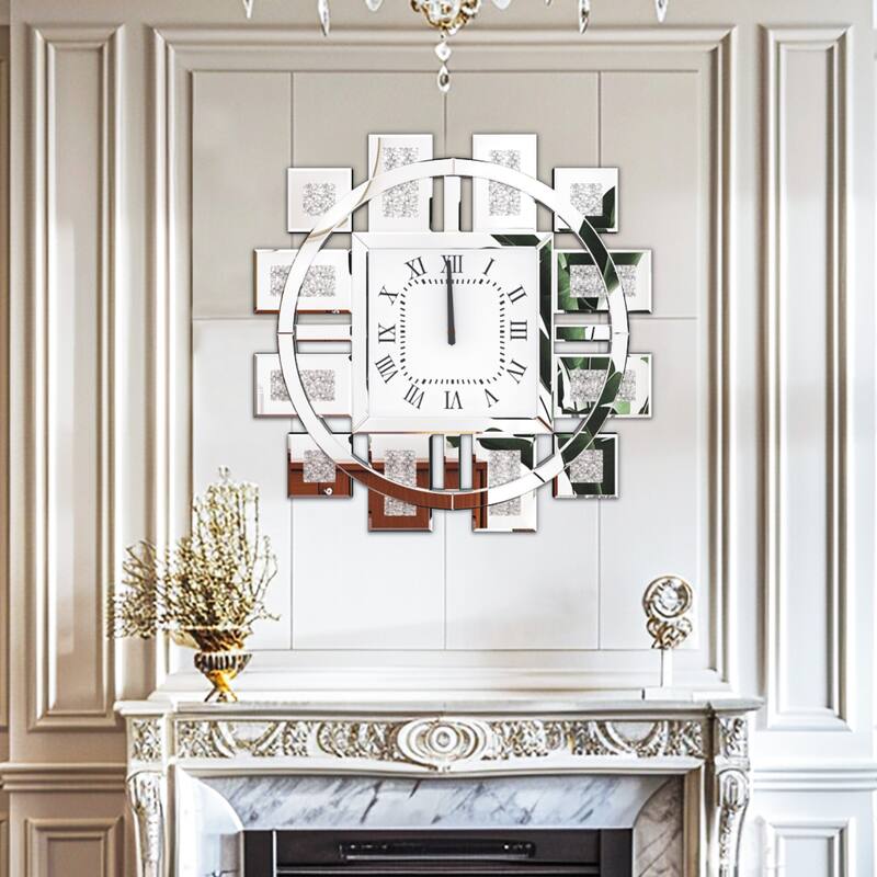 Gold/Silver Irregular Luxury Mirrored Wall Clock w/Crushed Diamond Inlay - 23.62x23.62 inch