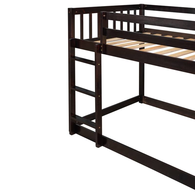 Twin over Twin Floor Bunk Bed with Movable Storage Cabinet, Include 4 Storage Drawers and 3 Shelves, Solid Wood Bunkbeds Frame