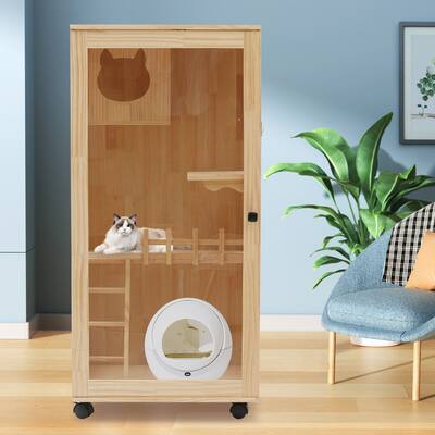 Osmon Large Wooden Cat House Luxury Multi-Feature Cat Condo - 23.62*23.62*47.24inch