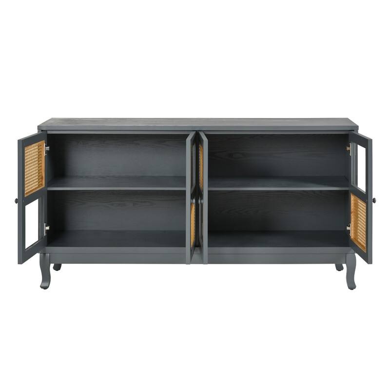Retro 4-Door Sideboard with Large Storage Space and Rattan Doors for Home Entryway Decor