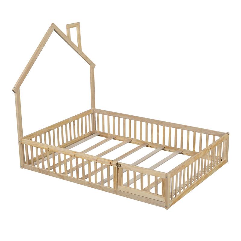 Natural Wood Full Size House Platform Bed with Safety Guardrail for Kids