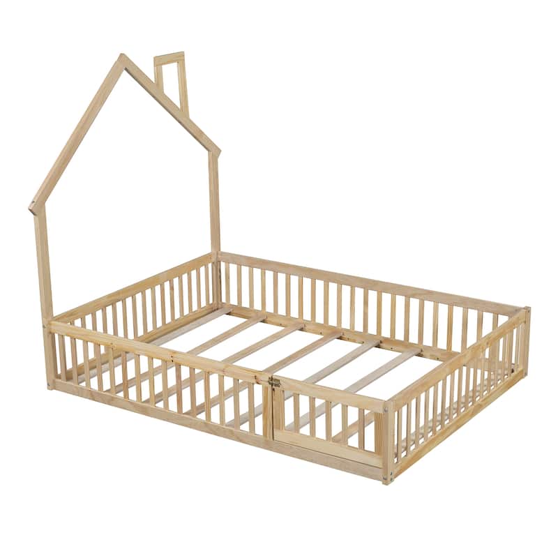 Wood House Platform Bed with Guardrail