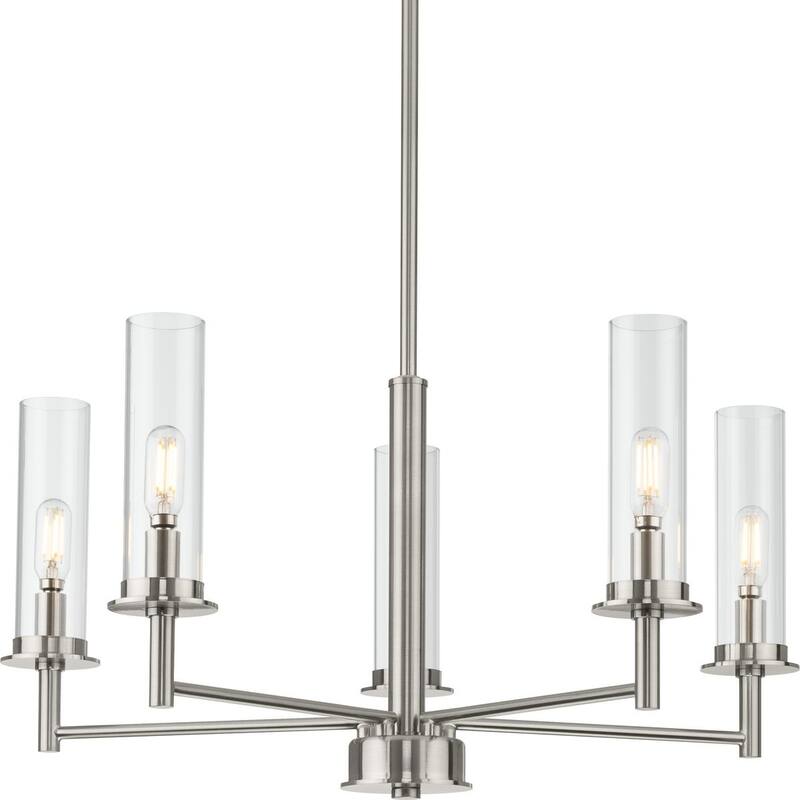 Kellwyn Collection Five-Light Brushed Nickel and Clear Glass Transitional Style Chandelier Light - 23 in x 23 in x 24.375 in - 23 in x 23 in x 24.375 in