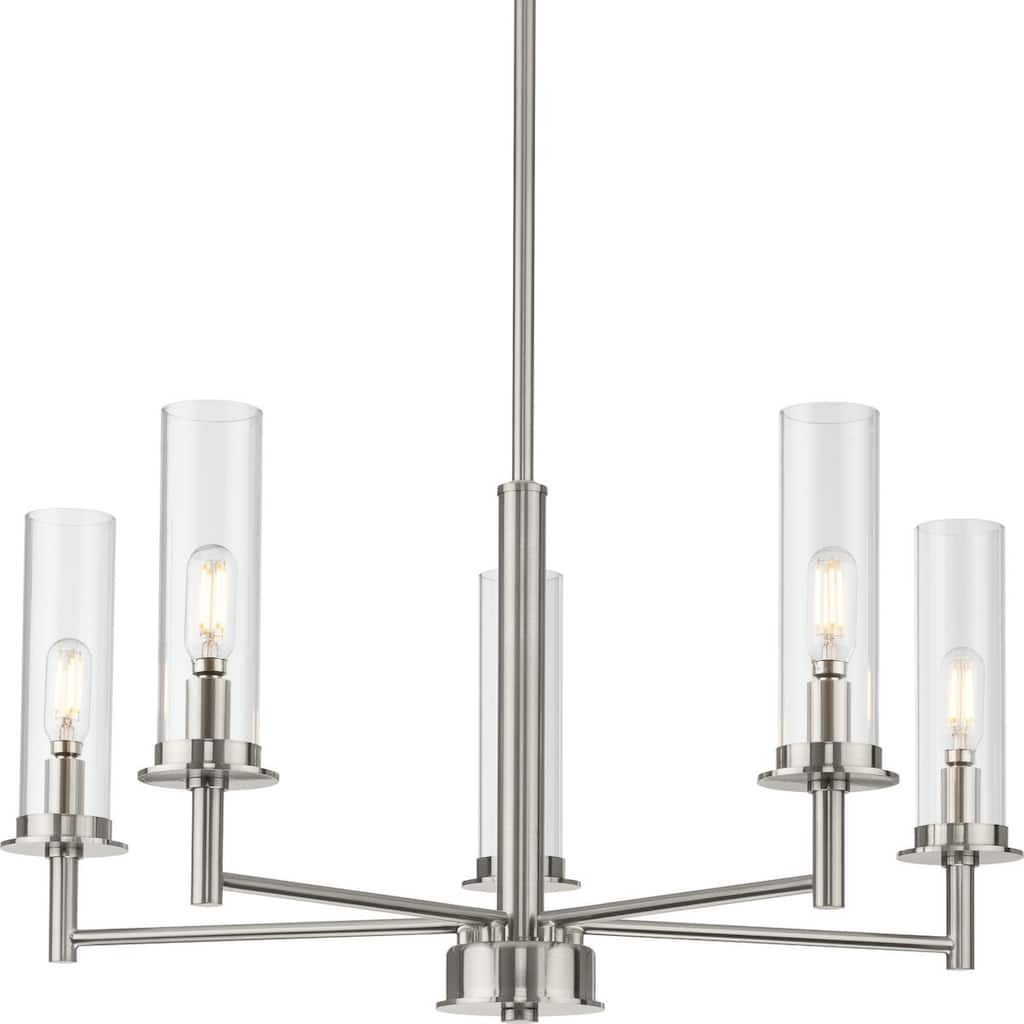 Kellwyn Collection Five-Light Brushed Nickel and Clear Glass Transitional Style Chandelier Light - 23 in x 23 in x 24.375 in