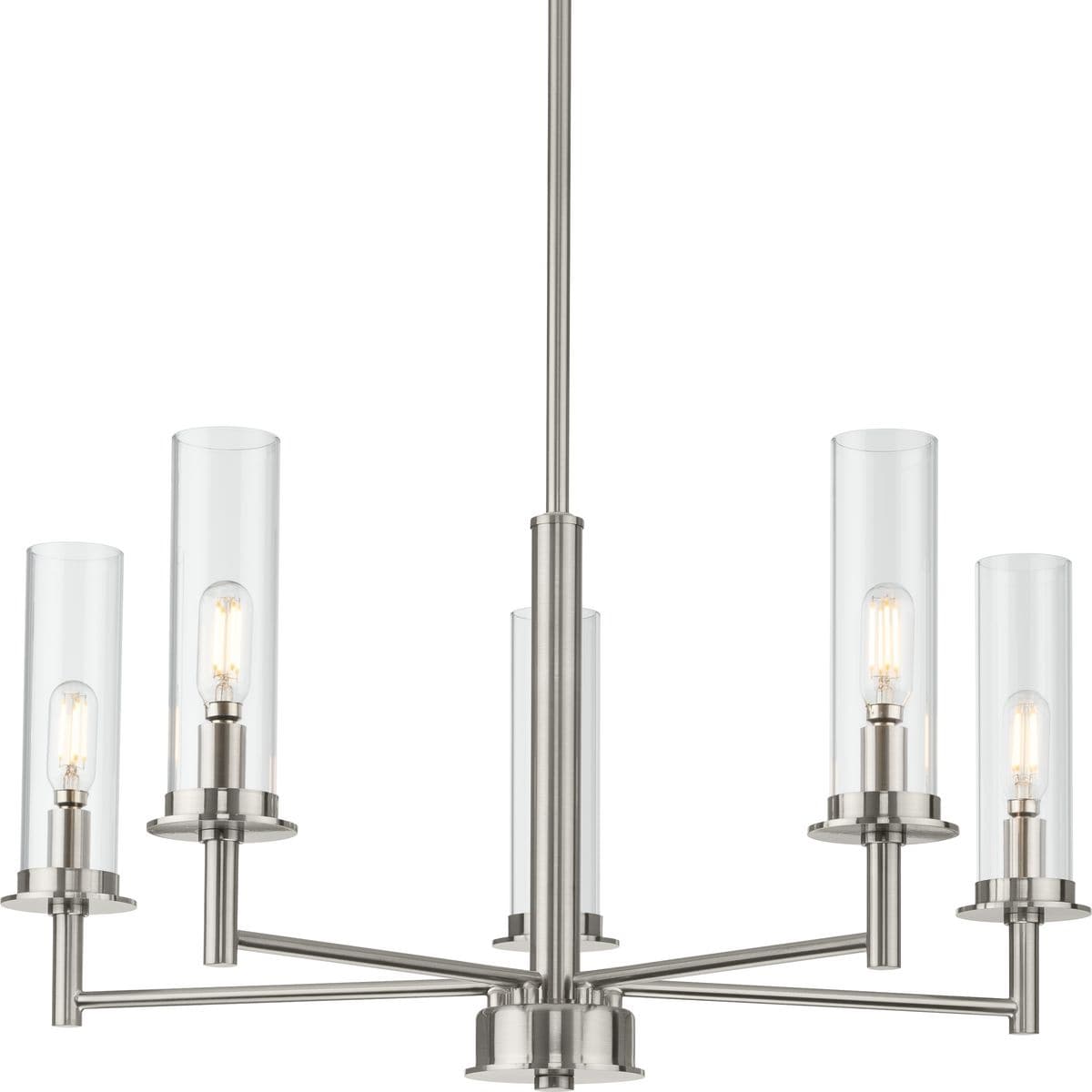 Kellwyn Collection Five-Light Brushed Nickel and Clear Glass Transitional Style Chandelier Light - 23 in x 23 in x 24.375 in