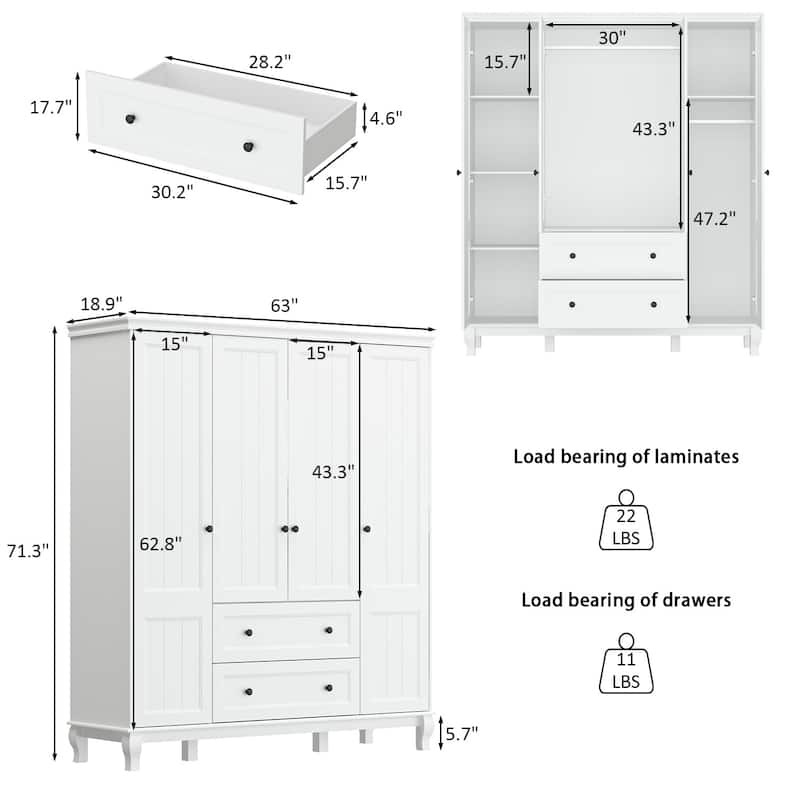 Timechee 63" Wardrobe ARMOIRES White 4 Doors 2 Drawers Lacquer