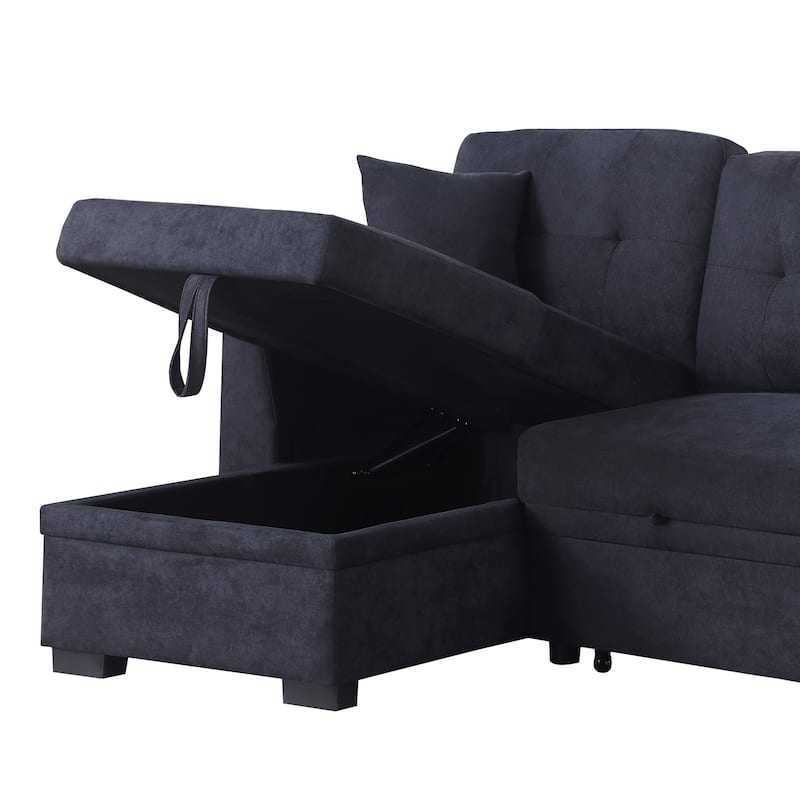 Sectional Sofa Bed, Dark Blue, Wood+Fabric, Space-saving