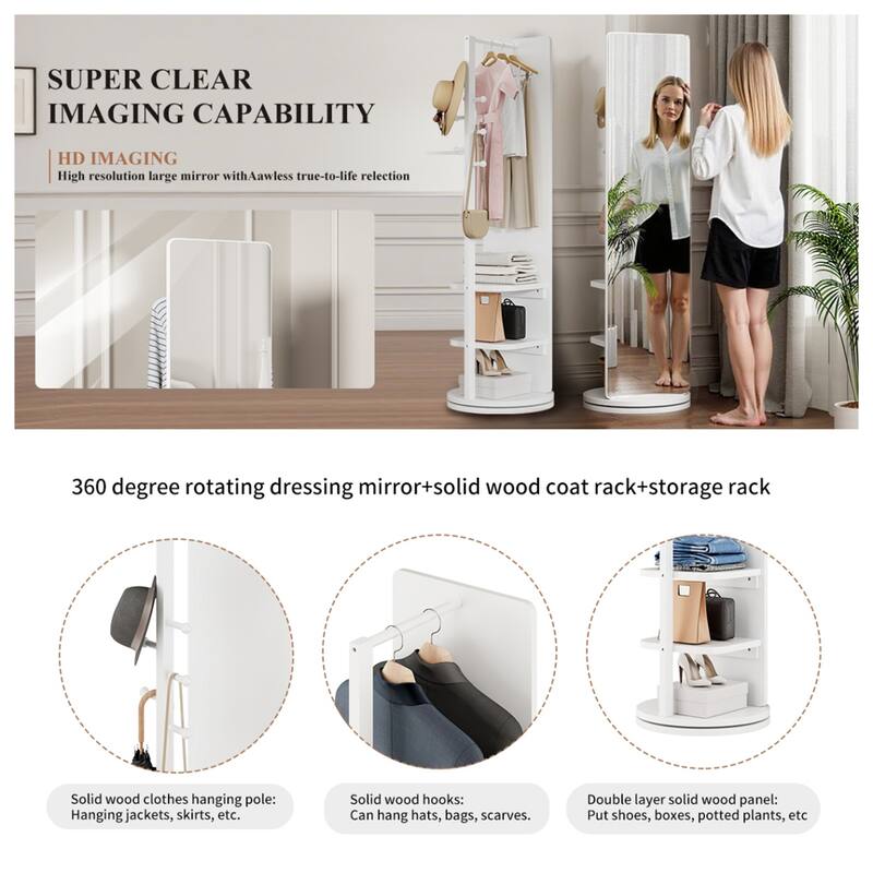 360 Rotating Multifunctional Full Length Mirror with Hook Storage Rack Coat Rack