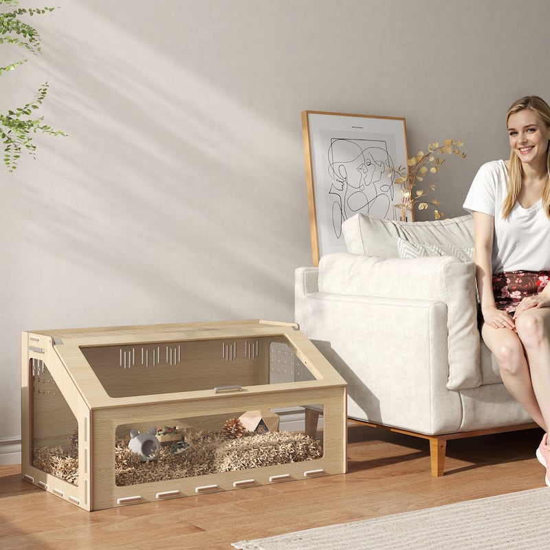 Oak Hamster Habitat with Clear Acrylic Panels and Inclined Top Opening Side Handles for Transport - 39.4" L x 22.8" W x 20.1" H