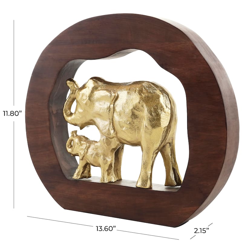 Gold Aluminum Metal Elephant Sculpture with Brown Wooden Frame