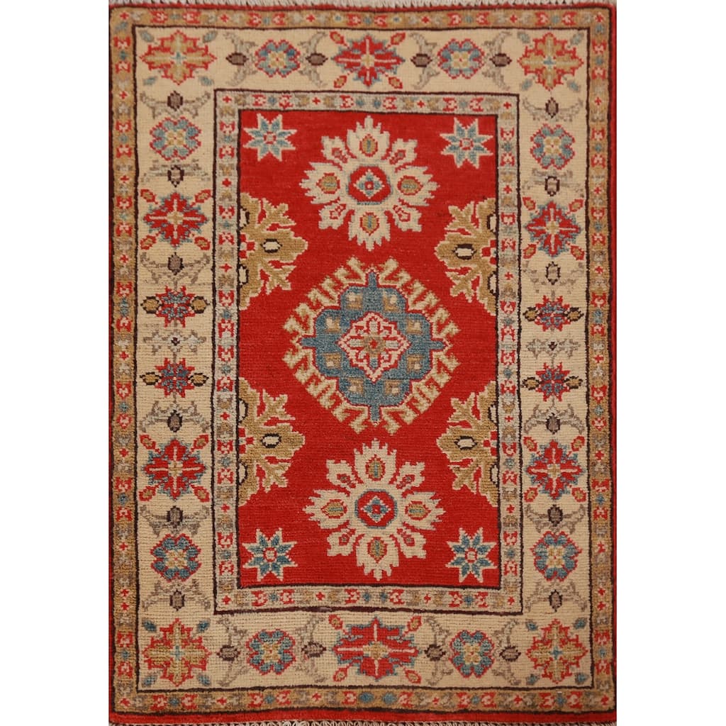 Red Kazak Oriental Foyer Rug Geometric Handmade Wool Carpet - 2'0"x 3'0"