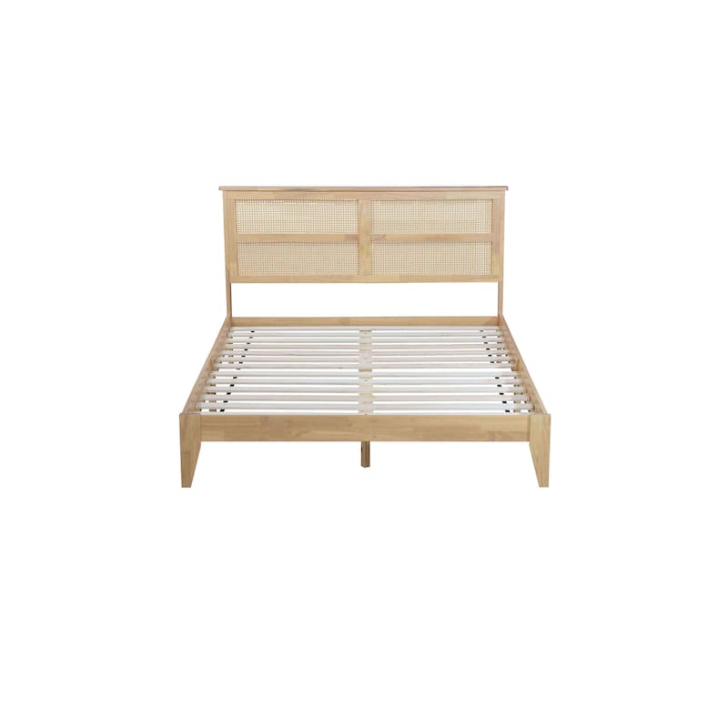 Solid Wooden Queen Bed with Rattan Headboard and Underbed Storage, Support Feet, Espresso Finish
