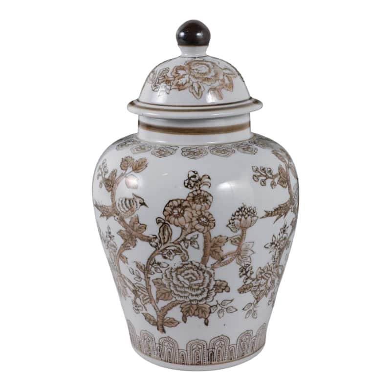 Stoneware Jar Chinoiserie Floral Bird Design Home Office - 12" Brown