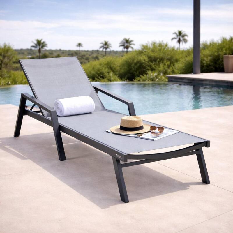 Marlin Outdoor Stackable Mesh Sun Chaise Lounge Chair with Arms and Adjustable Backrest for Pool, Beach, Patio, and Garden