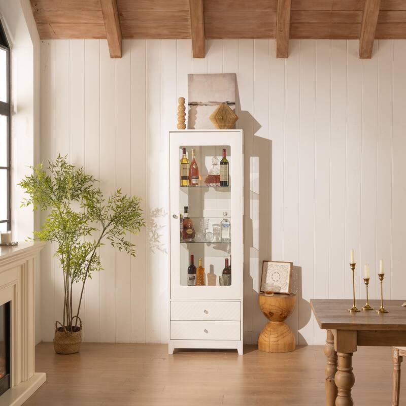 71" 3-Side Glass Display Cabinet, Display Shelf with Storage Drawers 3-Tier Curio Cabinet with LED Light for Collectibles
