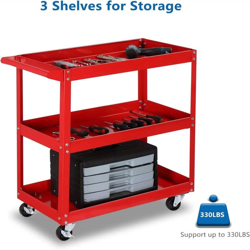 3 Tier Rolling Tool Cart, 330 Lbs Capacity, with Ergonomic Handle - 28.7"D x 14.2"W x 29.1"H