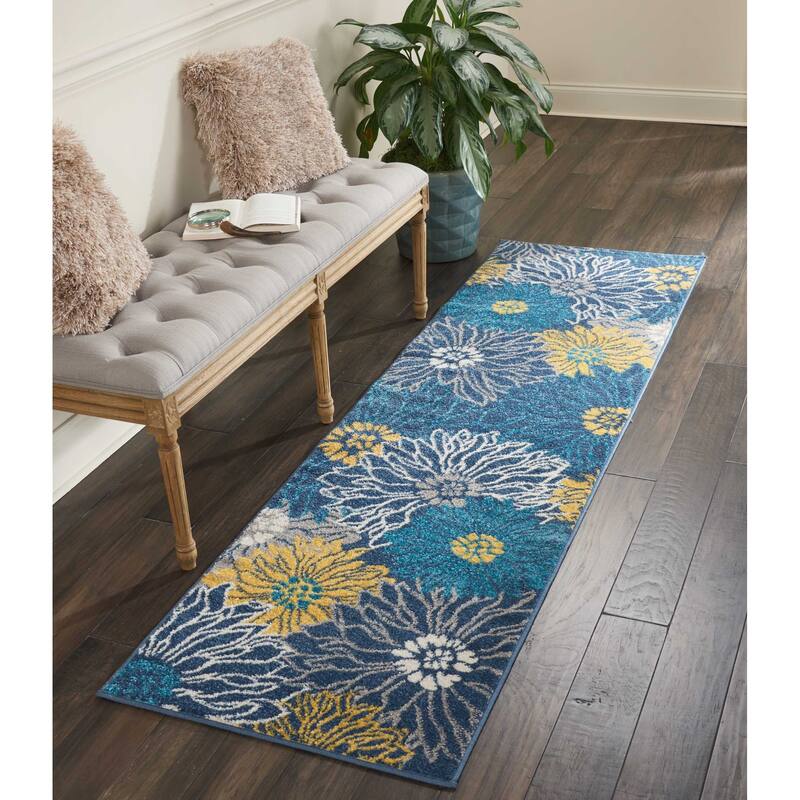 Nourison Passion Abstract Modern Floral Area Rug - 2' 2" x 7' 6" - Blue/Yellow